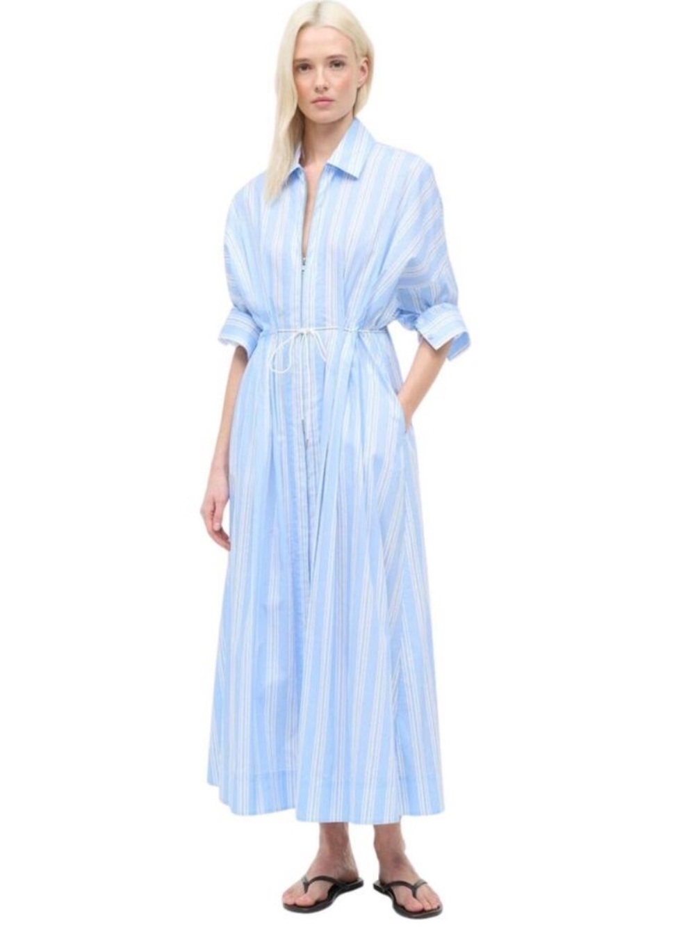 STAUD Chi Midi Dress Ventura Stripe Light Blue Shirt Dress